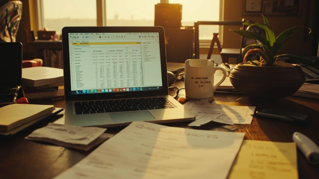 A messy home-office desk with an income-tracking spreadsheet open on a laptop, receipts and a notebook beside it.