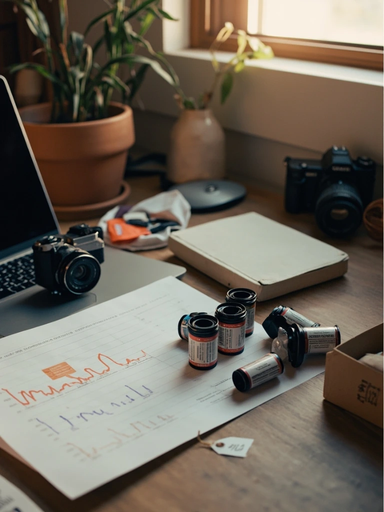 A camera, photo prints and a shoebox on a desk — props for a resale report.