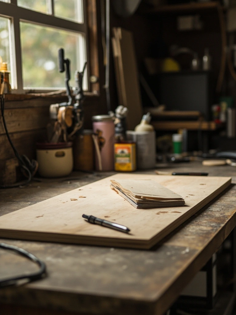 A woodworking bench with a half-finished cutting board and a small notebook.
