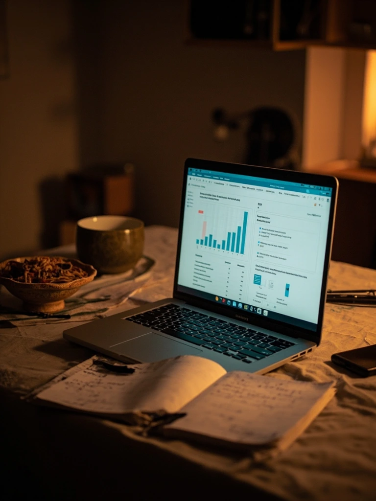 A laptop, notebook and late-night ramen on a kitchen table.